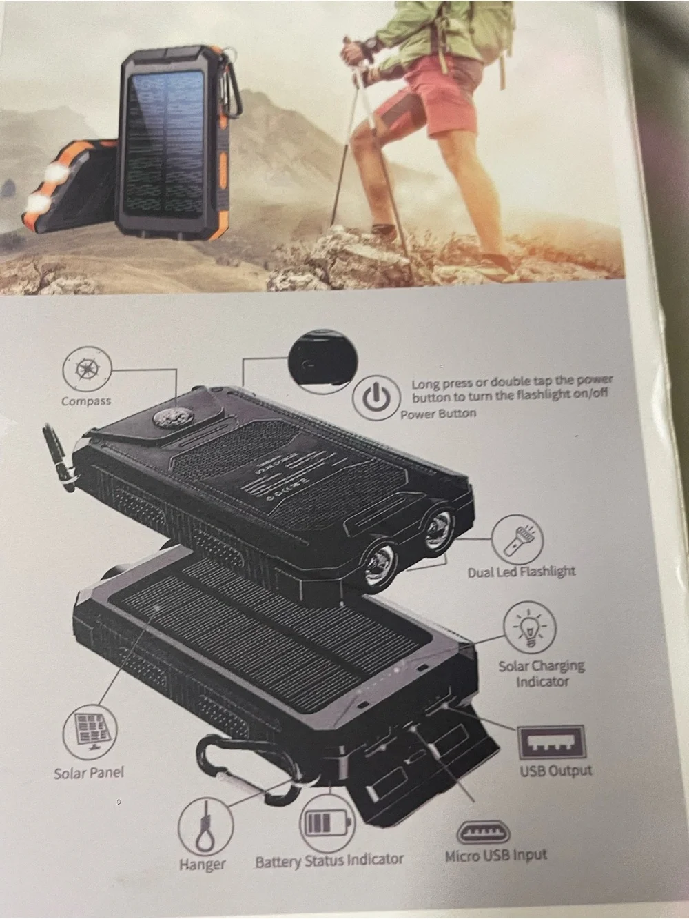 Rugged Solar Power Bank Charger with LED Flashlight - Black & Orange